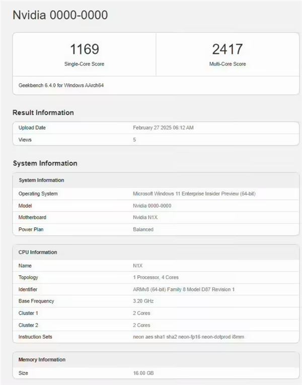 NVIDIA首款Arm PC芯片首度現身跑分！成績不太理想