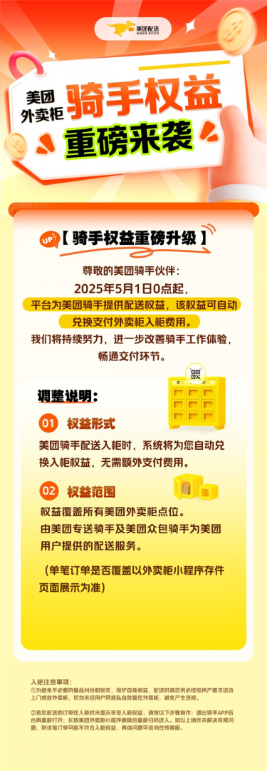 外賣大戰(zhàn)騎手受益：美團免除騎手外賣柜入柜費用！